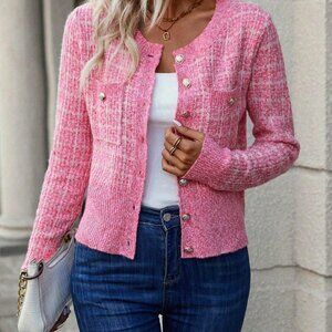 Hot Pink Elegant Minimalist Women's Cardigan with Button Detail Long Sleeve Top